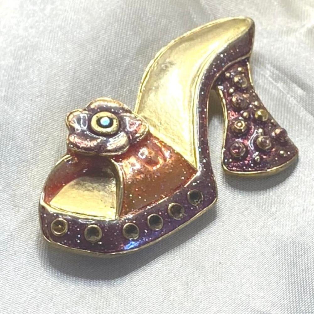 Vintage High Heel Shoe Brooch Pink Purple Enamel Rhinestone Gold Tone Pin